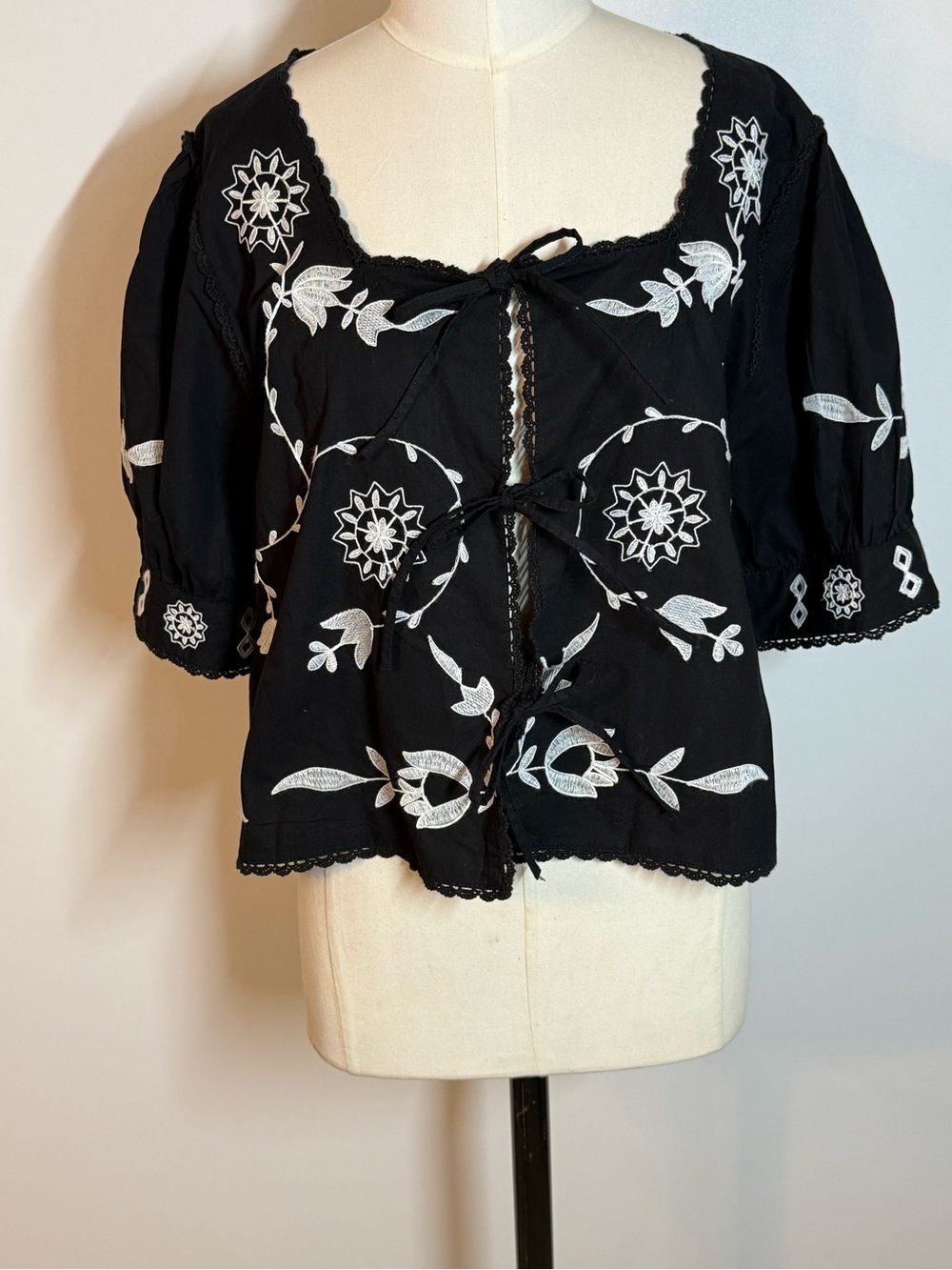 Black Embroidered Tie-Front Peasant Blouse